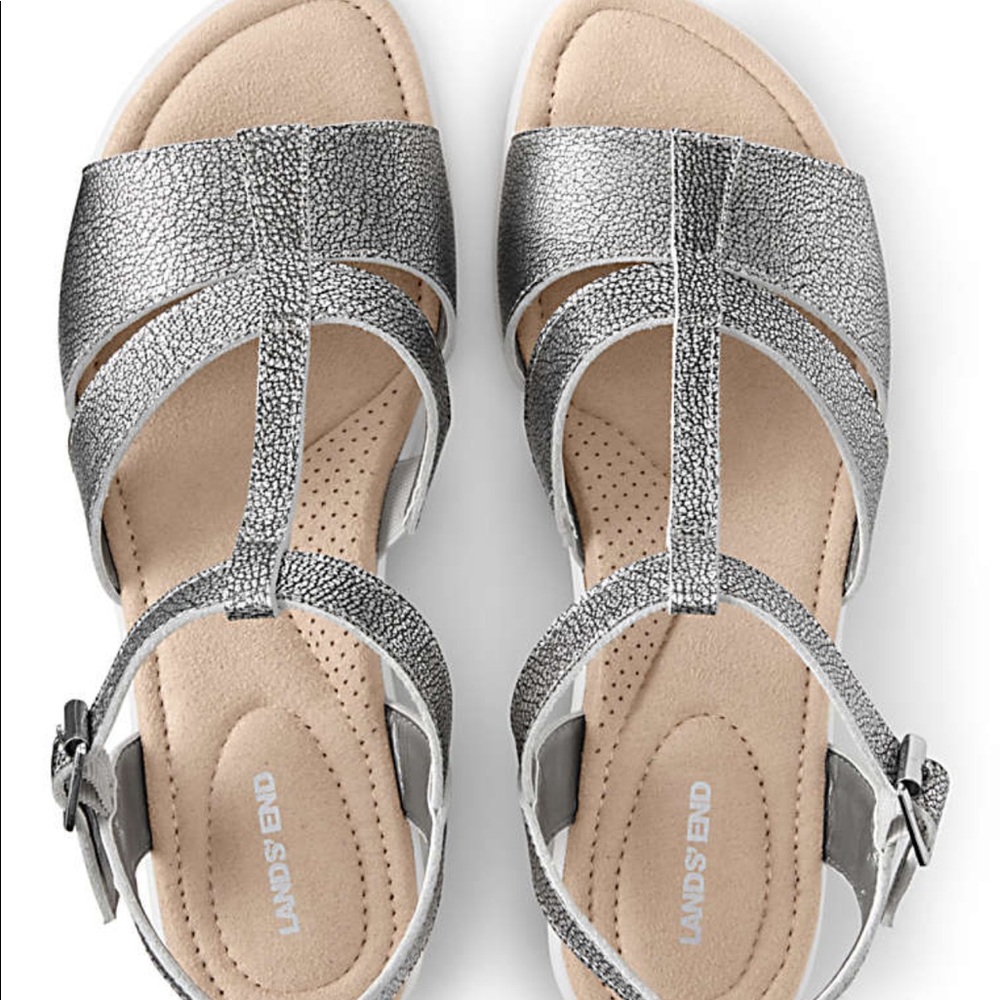 Lands End Metallic Leather Comfort Wedge Sandals